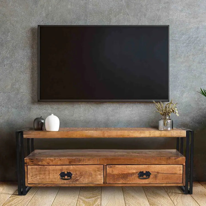 Astra Natural Industrial Wooden & Black Metal 120 cm Entertainment TV Unit