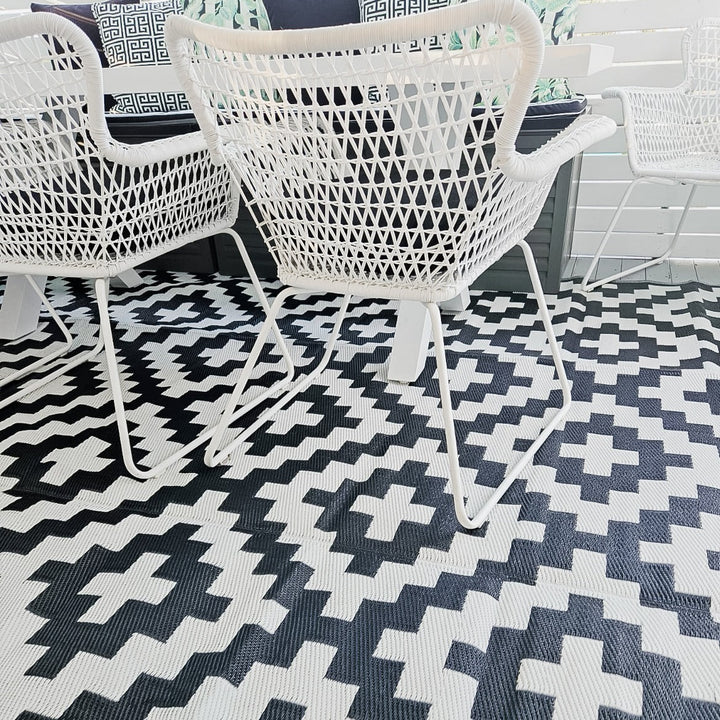 Aztec Black And White Monochrome Recycled Plastic Outdoor Area Rug