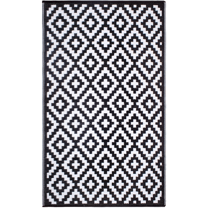 Aztec Black And White Monochrome Recycled Plastic Outdoor Area Rug