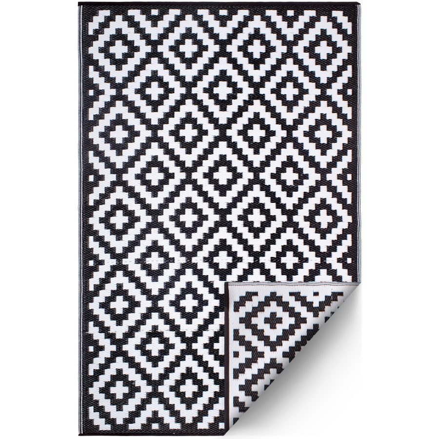 Aztec Black and White Monochrome Reversible Large Outdoor Rug