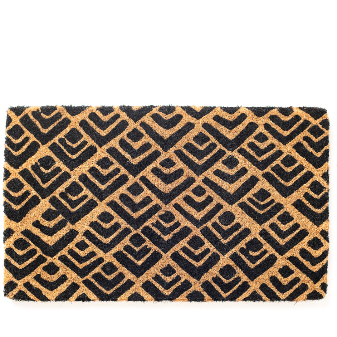 45x75 cm Block Print Natural and Black Geometrical Coir Doormat