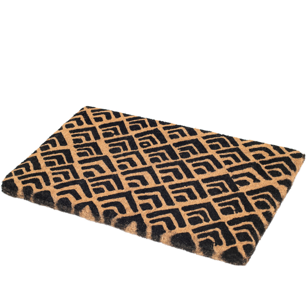 45x75 cm Block Print Natural and Black Geometrical Coir Doormat