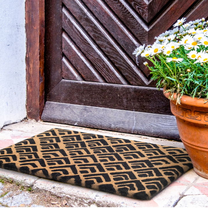 45x75 cm Block Print Natural and Black Geometrical Coir Doormat