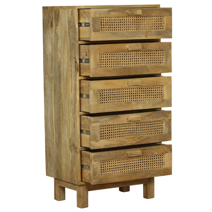 Byron Solid Wood Rattan 5 Drawer Chest Tallboy