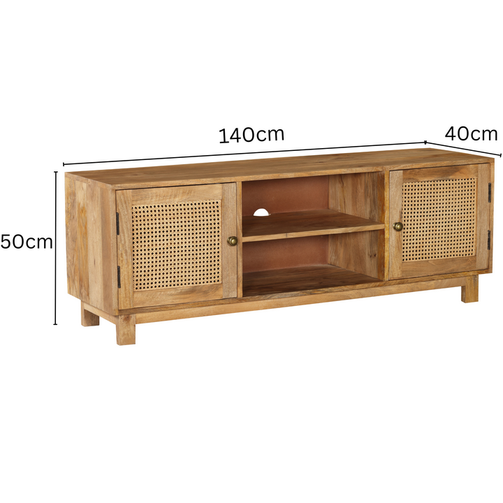 Byron Solid Wood Rattan 140 cm Modern Entertainment TV Unit with Storage