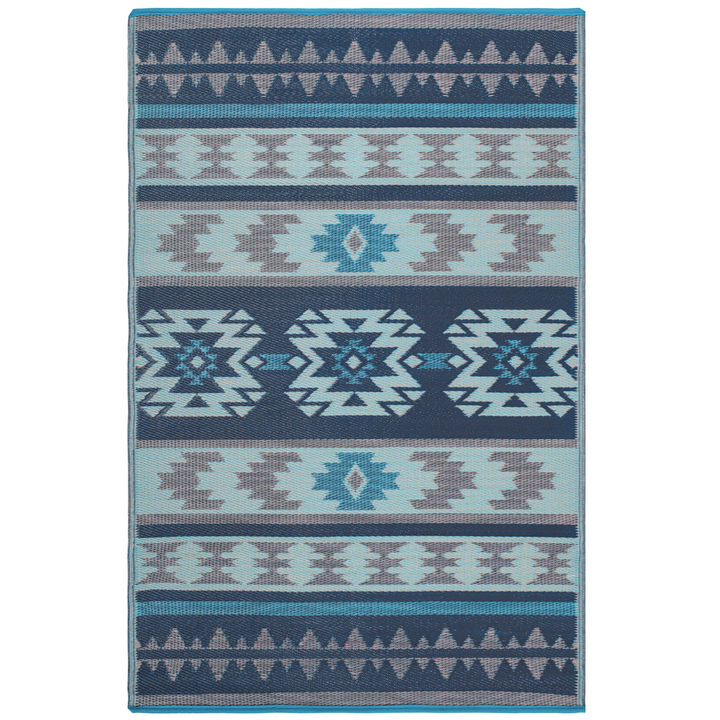 Cusco Tribal Blue Toned Recycled Plastic Reversible Outdoor Rug