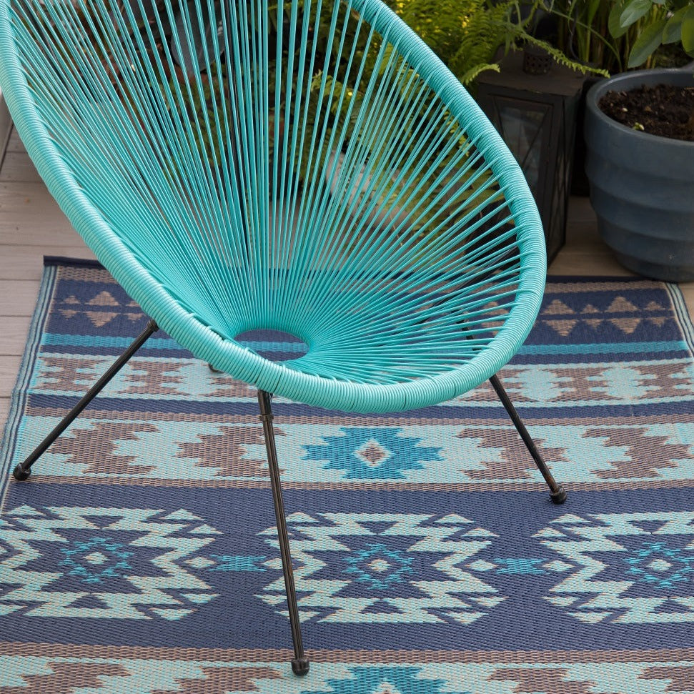 Cusco Tribal Blue Toned Recycled Plastic Reversible Large Mat