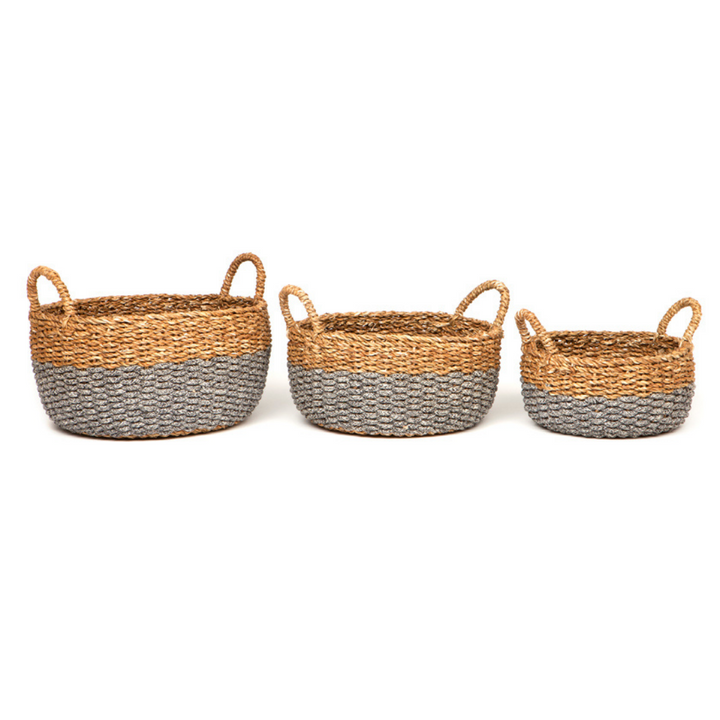 Set of 3 Dohar Handmade Grey Seagrass and Jute Round Storage Basket with Handles