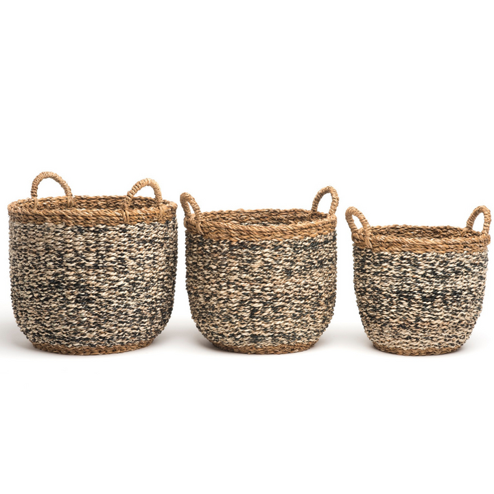 Set of 3 Ebony Handmade Grey Seagrass and Jute Storage Baskets & Planters with Handles