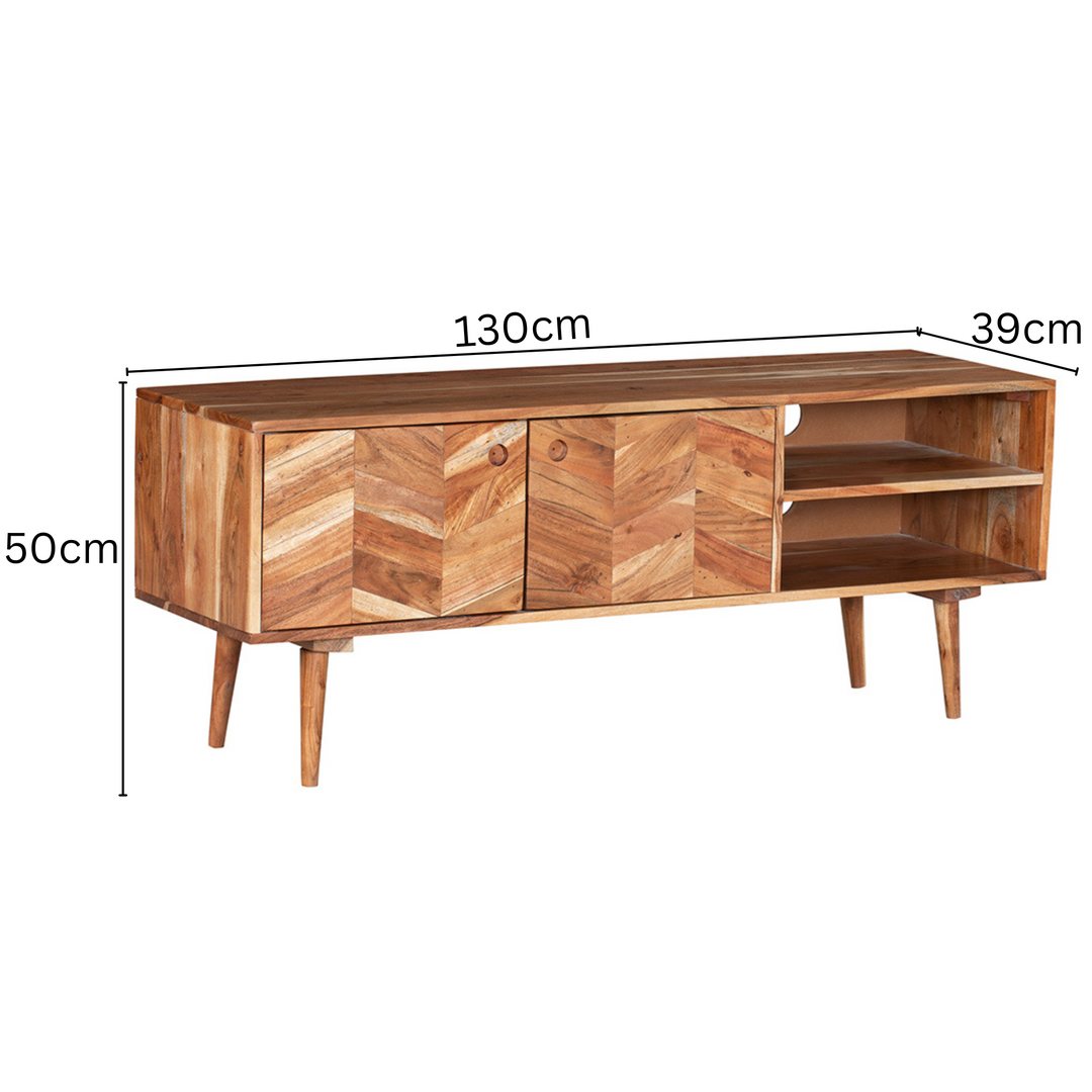 Flinders Herringbone 2 Doors & 2 Shelves Mango Wood Entertainment TV Unit with Storage