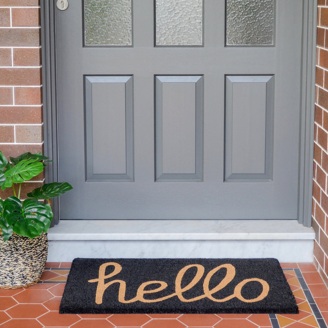 Black And Natural PVC Backed Long Hello Doormat