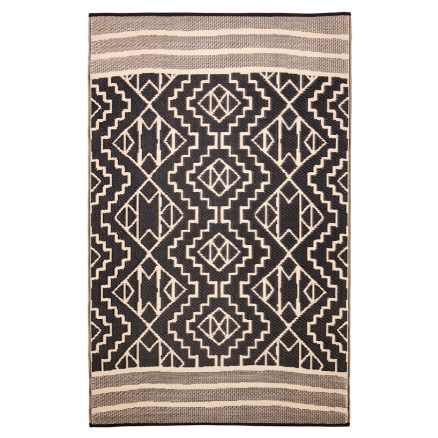 Kilimanjaro Beige and Black Tribal African Recycled Plastic Outdoor Rug