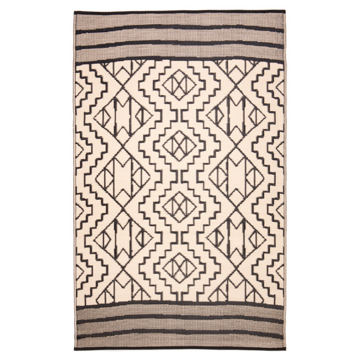 Kilimanjaro Beige and Black Tribal African Recycled Plastic Outdoor Rug