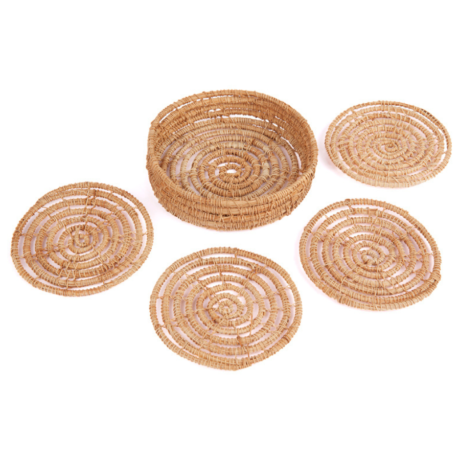 Set of 4 Magpie 10 cm Palm Fibre Round Coasters with Holder