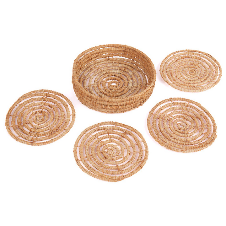 Set of 4 Magpie 10 cm Palm Fibre Round Coasters with Holder