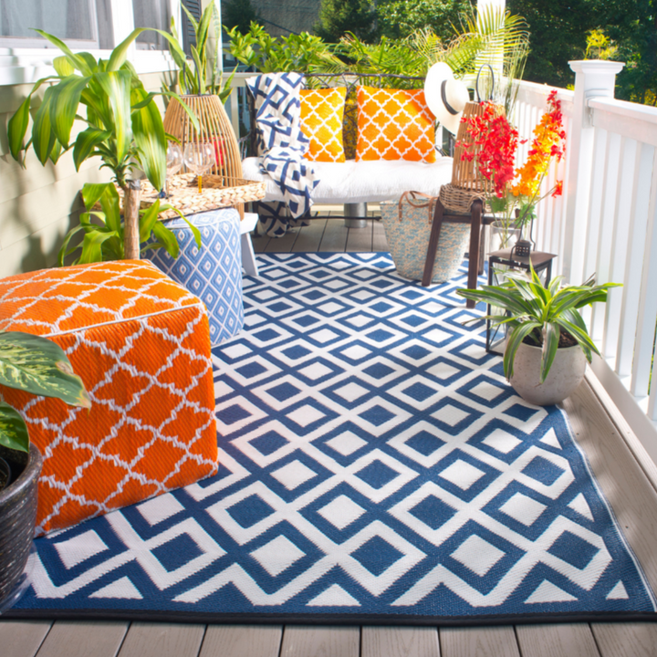 Marina Indigo Blue and White Modern Large Outdoor Rug