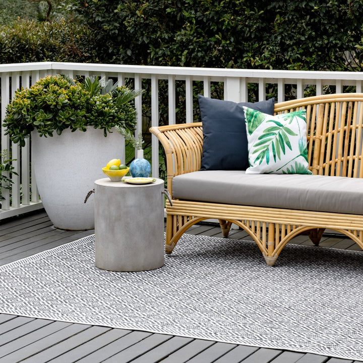 Moti Black and White Diamond Polypropylene Outdoor Rug