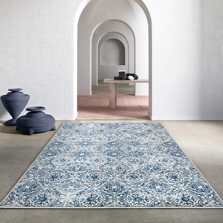 Mozaic Tiles Blue Trellis Distressed Non Slip Rug