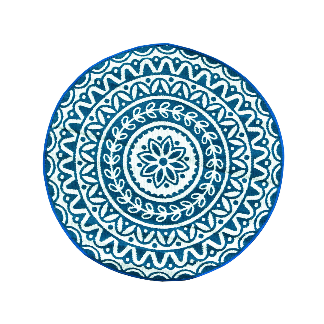 Pushpa Blue and White Floral Recycled Plastic Reversible Outdoor Rug