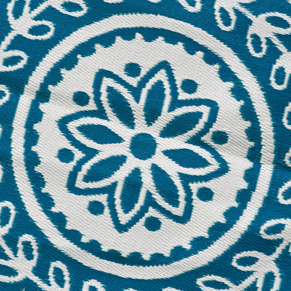 Pushpa Blue and White Floral Recycled Plastic Reversible Outdoor Rug