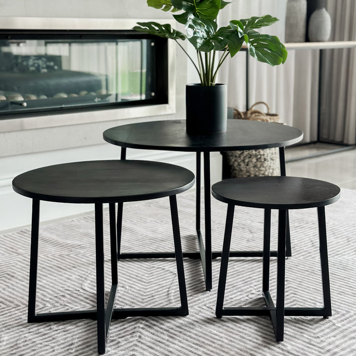 Set Of 3 Rio Black Round Nested Mango Wood Coffee Table