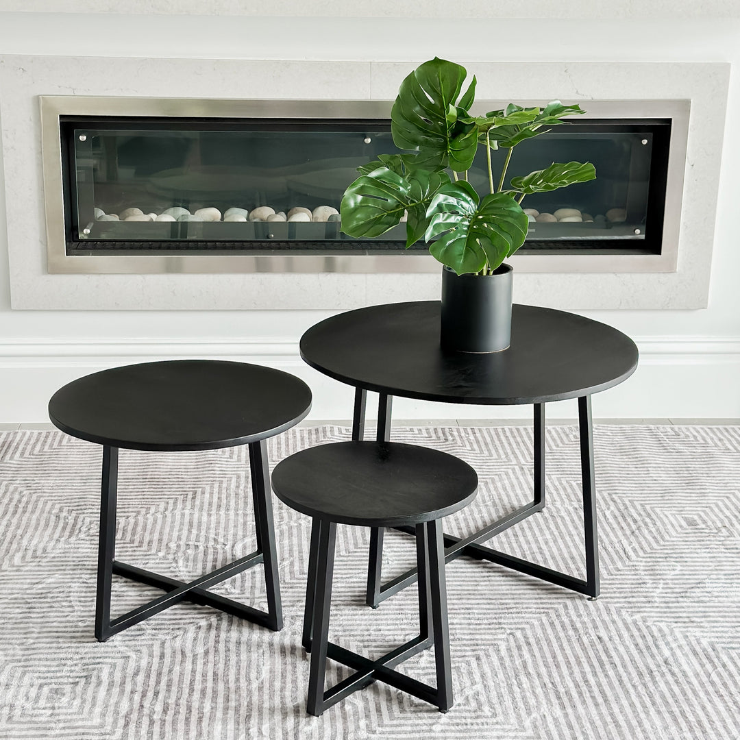 Set Of 3 Rio Black Round Nested Mango Wood Coffee Table