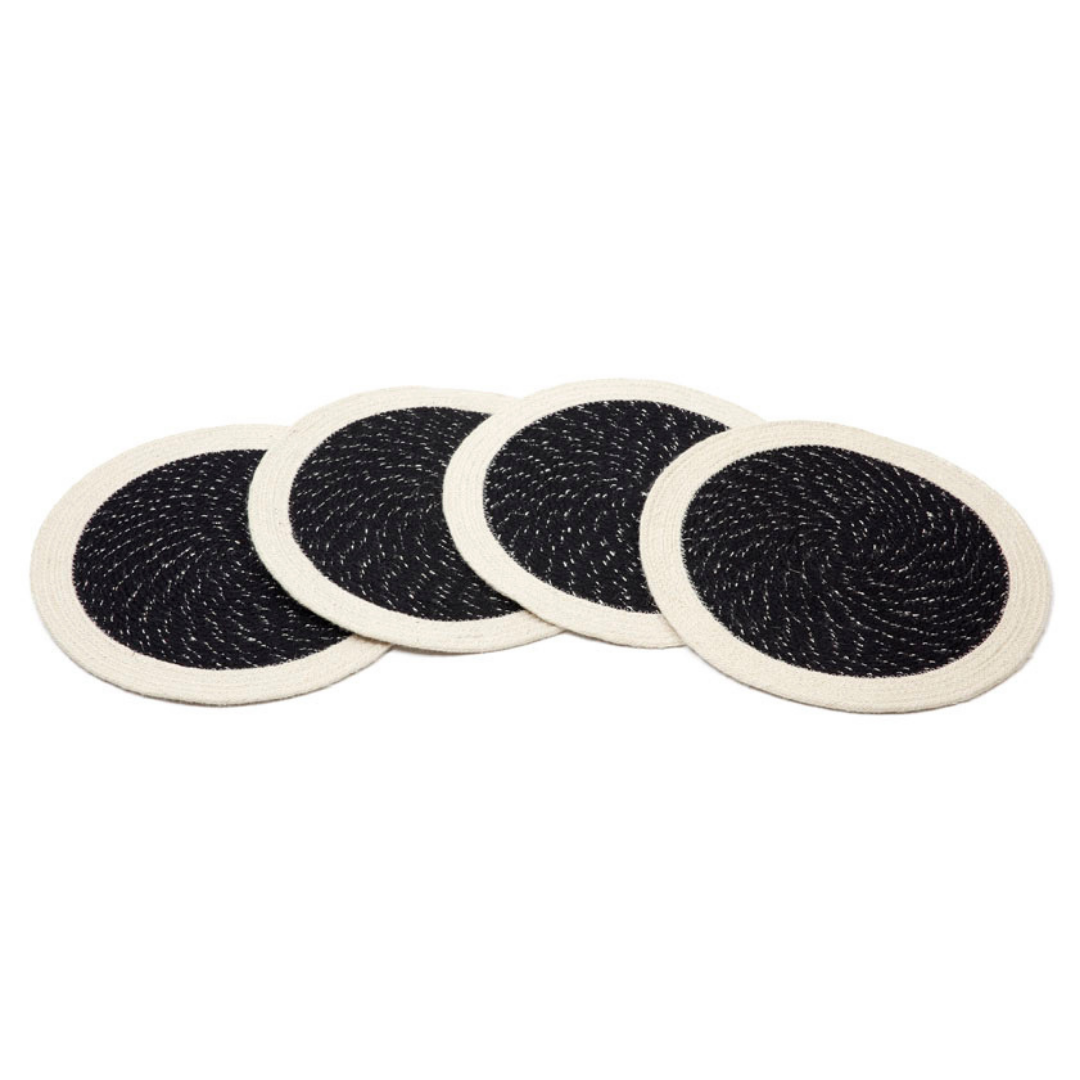 Set Of 4 Rosella Black & Cream Braided 38 cm Jute Round Placemat