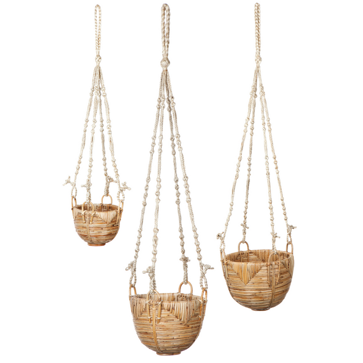 Set Of 3 Savar Handmade Cane Macrame Hanging Planters & Pot Holder