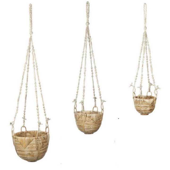 Set Of 3 Savar Handmade Cane Macrame Hanging Planters & Pot Holder