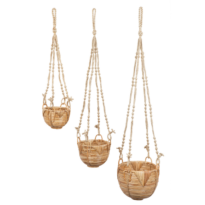 Set Of 3 Savar Handmade Cane Macrame Hanging Planters & Pot Holder