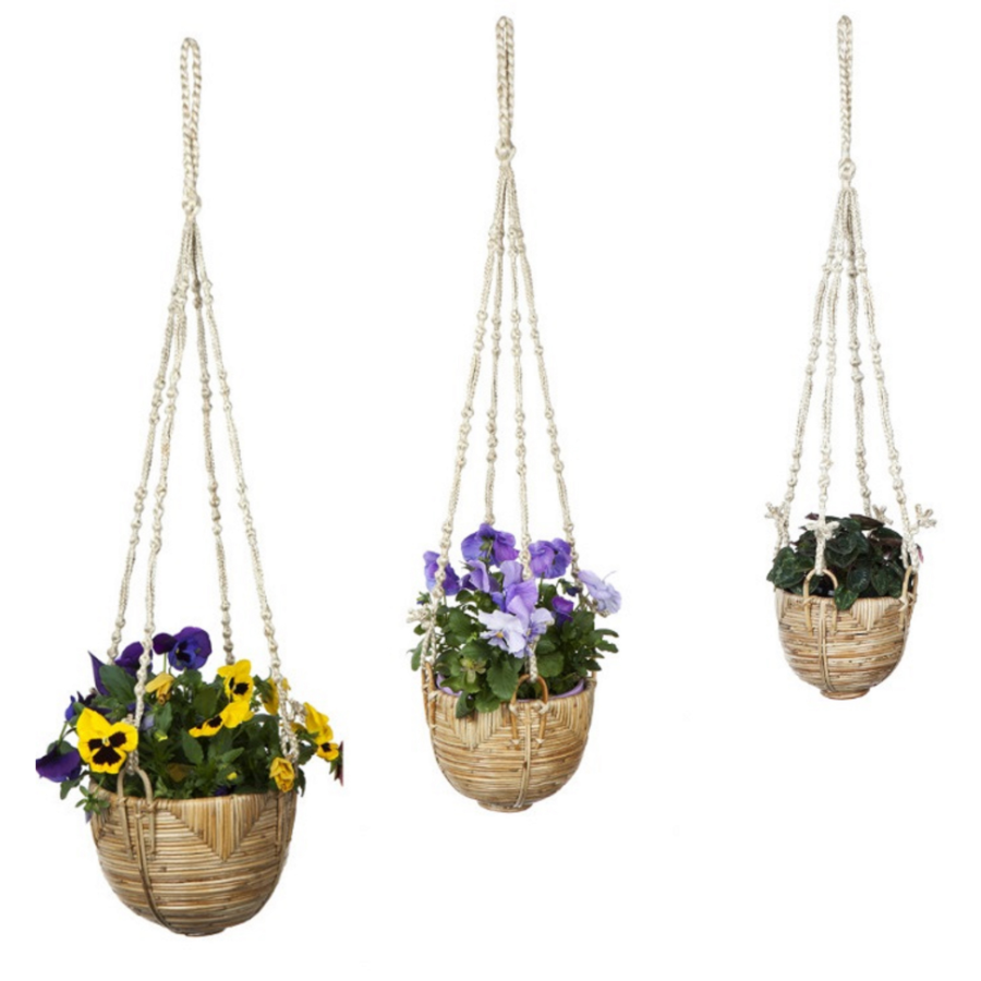 Set Of 3 Savar Handmade Cane Macrame Hanging Planters & Pot Holder