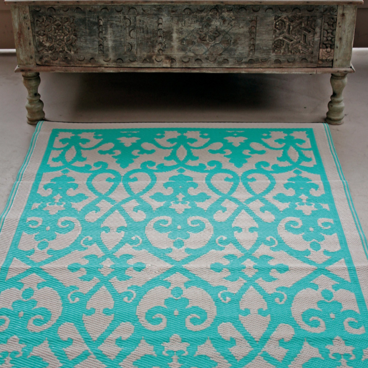 Venice Turquoise and Cream Traditional Recycled Plastic Outdoor Rug