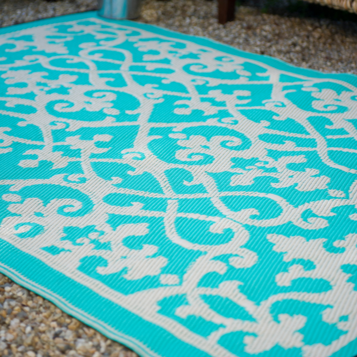 Venice Turquoise and Cream Traditional Recycled Plastic Outdoor Rug