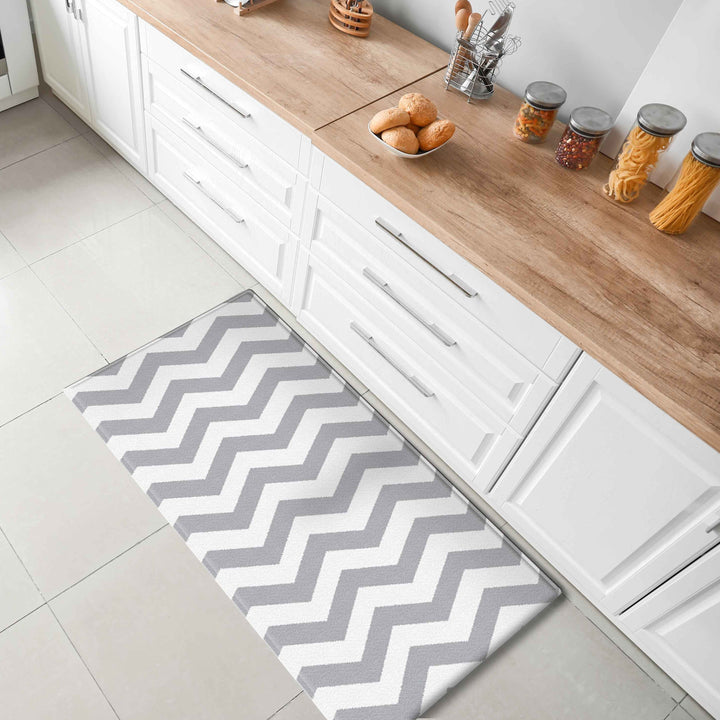 Vento Chevron Grey And White Soft Padded Kitchen Mat