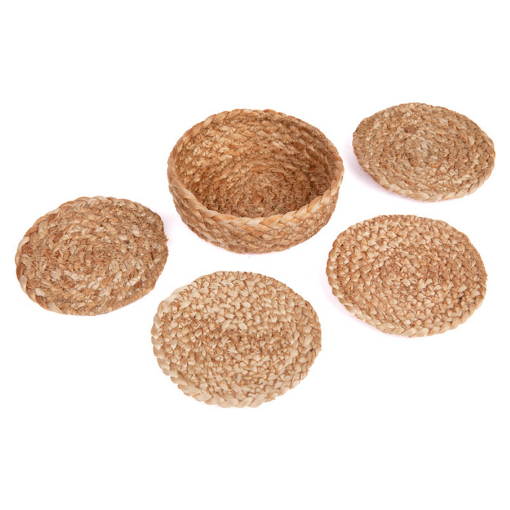 Set of 4 Willow 10 cm Natural Dining Jute Round Coaster with Holder