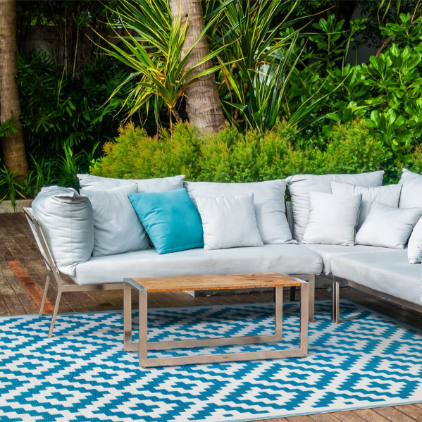 Aztec Teal and White Outdoor Rug - Fab Habitat , Recycled Plastic Rugs & Mats, [product_size],