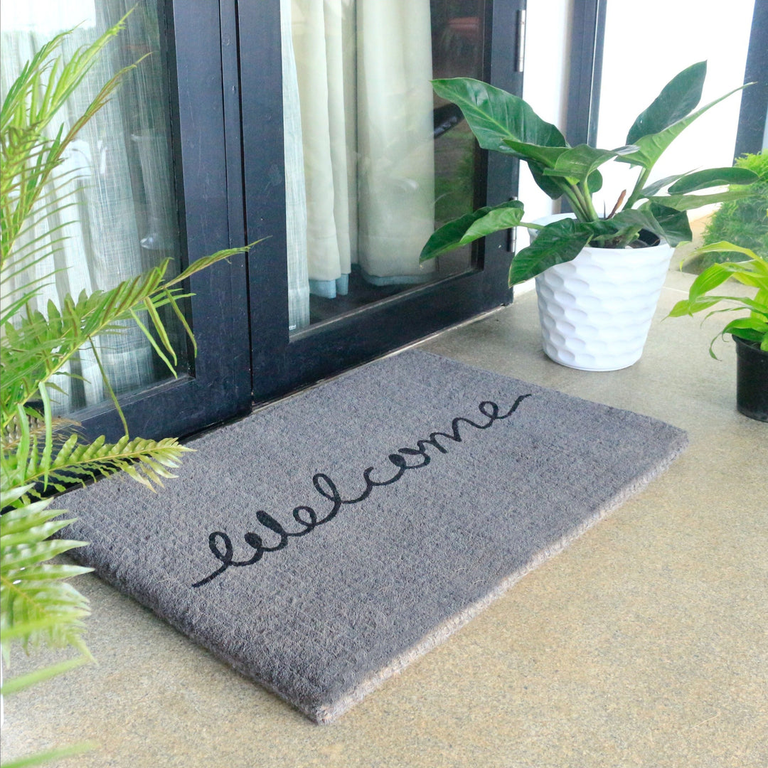 Grey Cursive 100% Coir Long Welcome Doormat - Doormats Fab Habitat