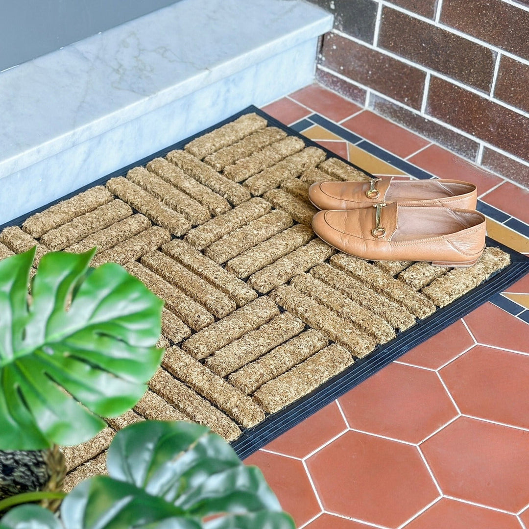 Parquet Tiles Geometrical Rubber Bordered Long Coir Doormat - Doormats Fab Habitat