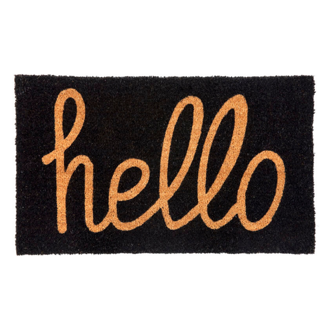 Hello Black And Natural PVC Backed Coir Doormat - Doormats Fab Habitat