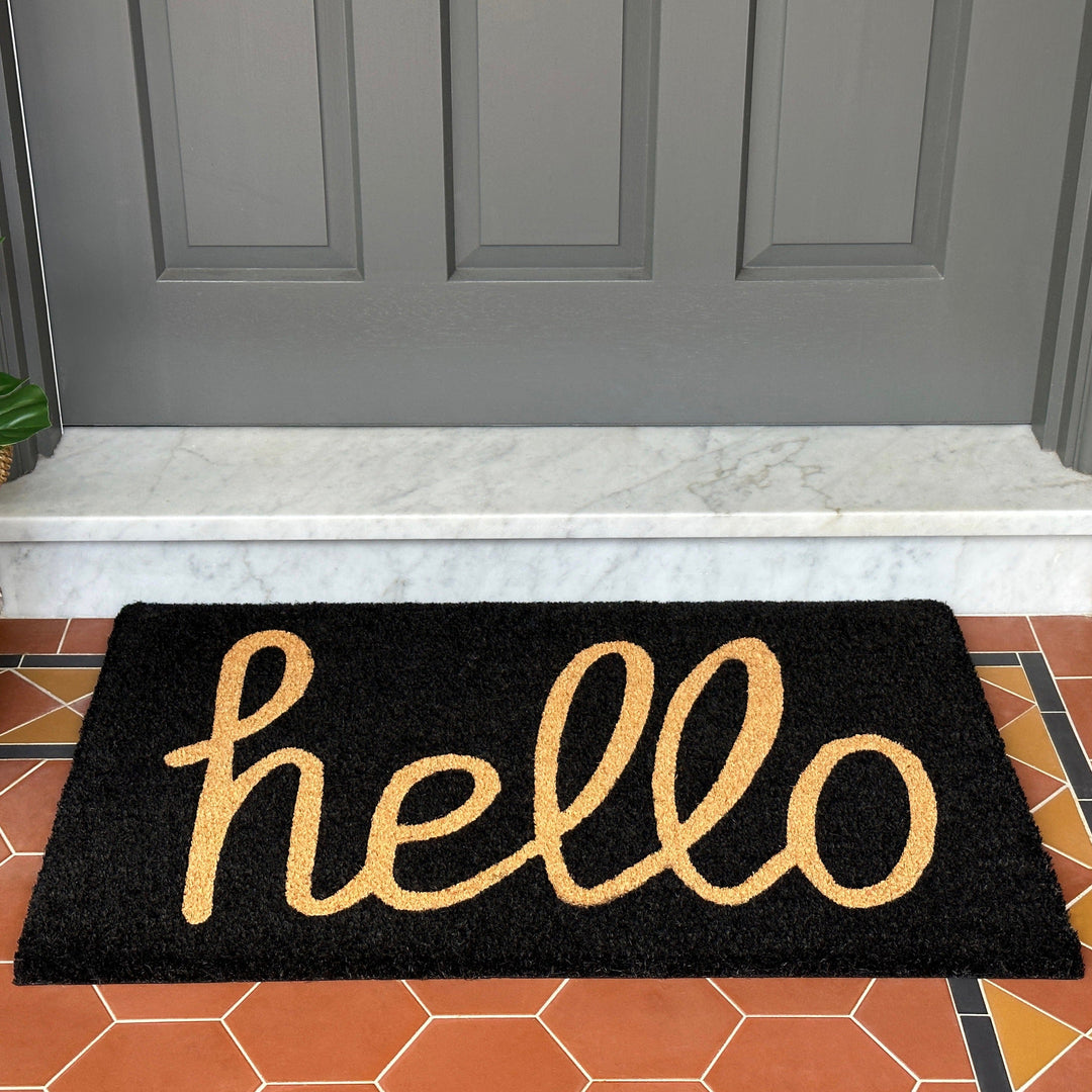 Hello Black And Natural PVC Backed Coir Doormat - Doormats Fab Habitat