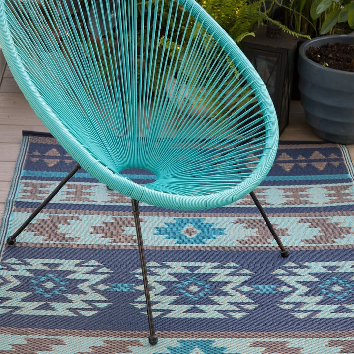 Cusco Tribal Blue Toned Recycled Plastic Reversible Outdoor Area Rug - Recycled Plastic Rugs & Mats Fab Habitat