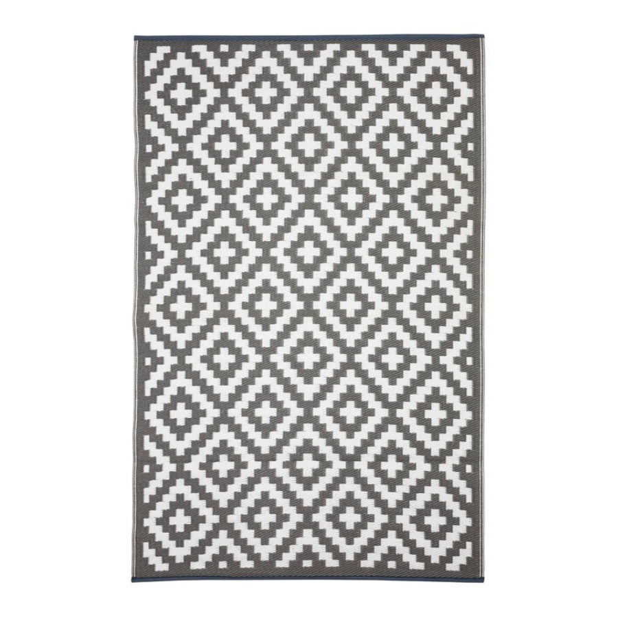 Aztec Grey And White Reversible Outdoor Large Rug - Recycled Plastic Rugs & Mats Fab Habitat