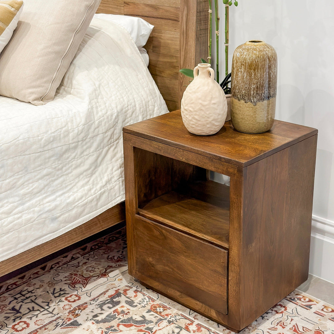 Nyra Walnut Finish Bedside Table with 1 Drawer - Side Tables Fab Habitat