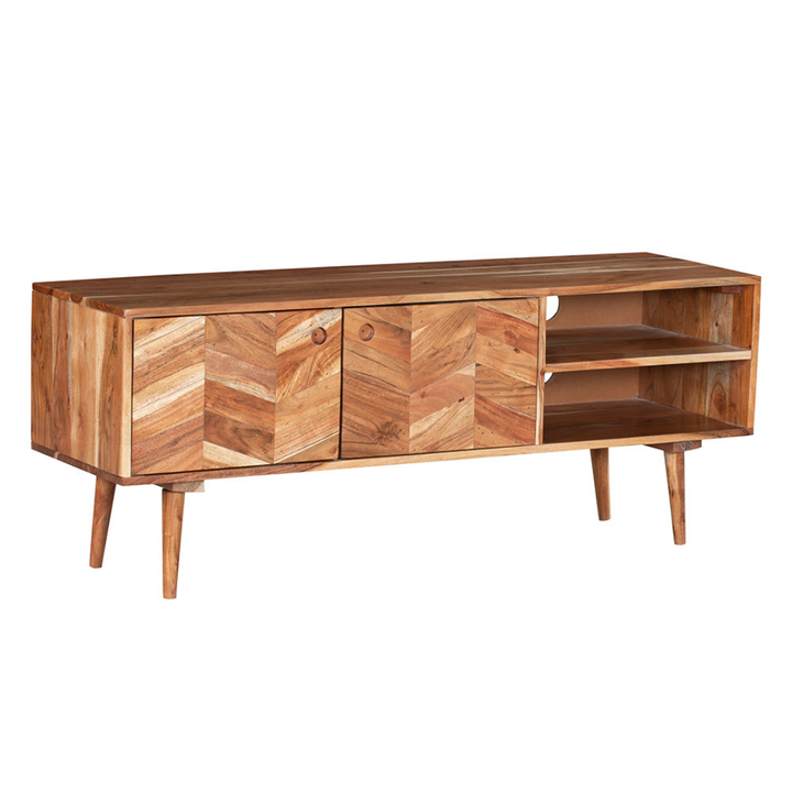 Flinders Herringbone 2 Doors & 2 Shelves Mango Wood Entertainment TV Unit with Storage - TV Units Fab Habitat