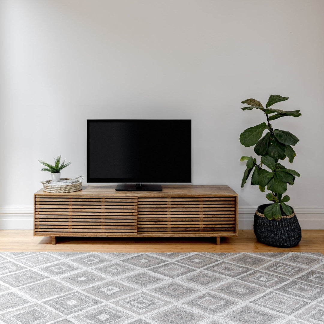 Leo Sliding Doors Solid Wood 140 cm Modern Entertainment TV Unit with Storage - TV Units Fab Habitat