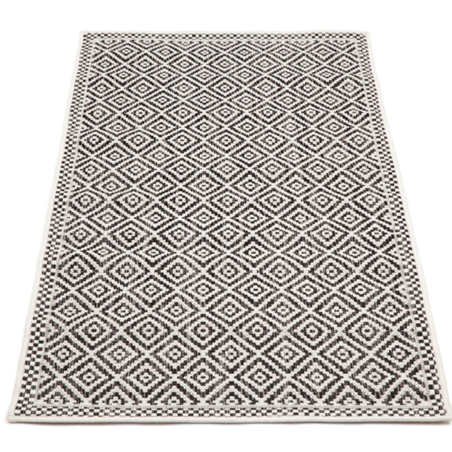 Moti Black and White Diamond Polypropylene Outdoor Rug