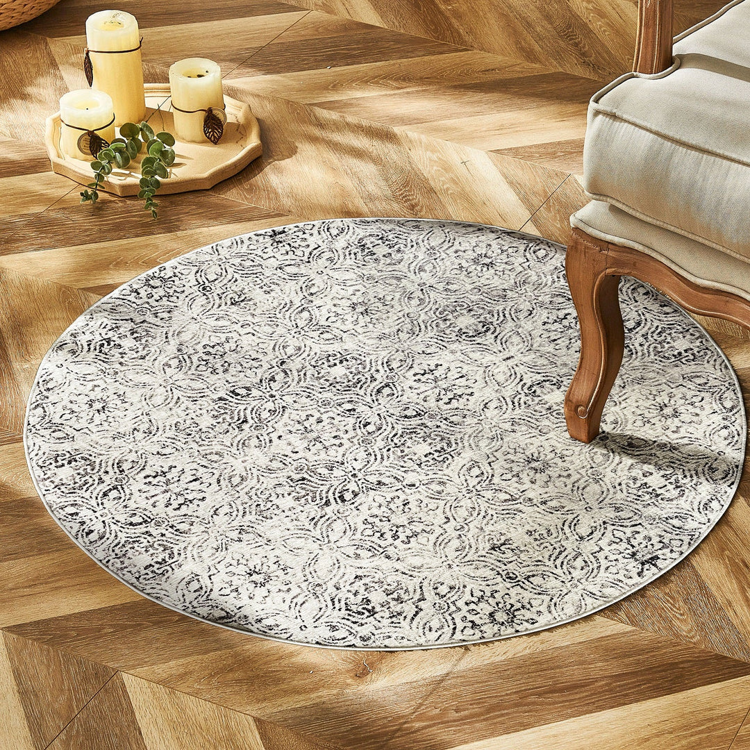 Mozaic Tiles Grey Trellis Distressed Round Non Slip Rug - Non Slip Rugs Fab Habitat