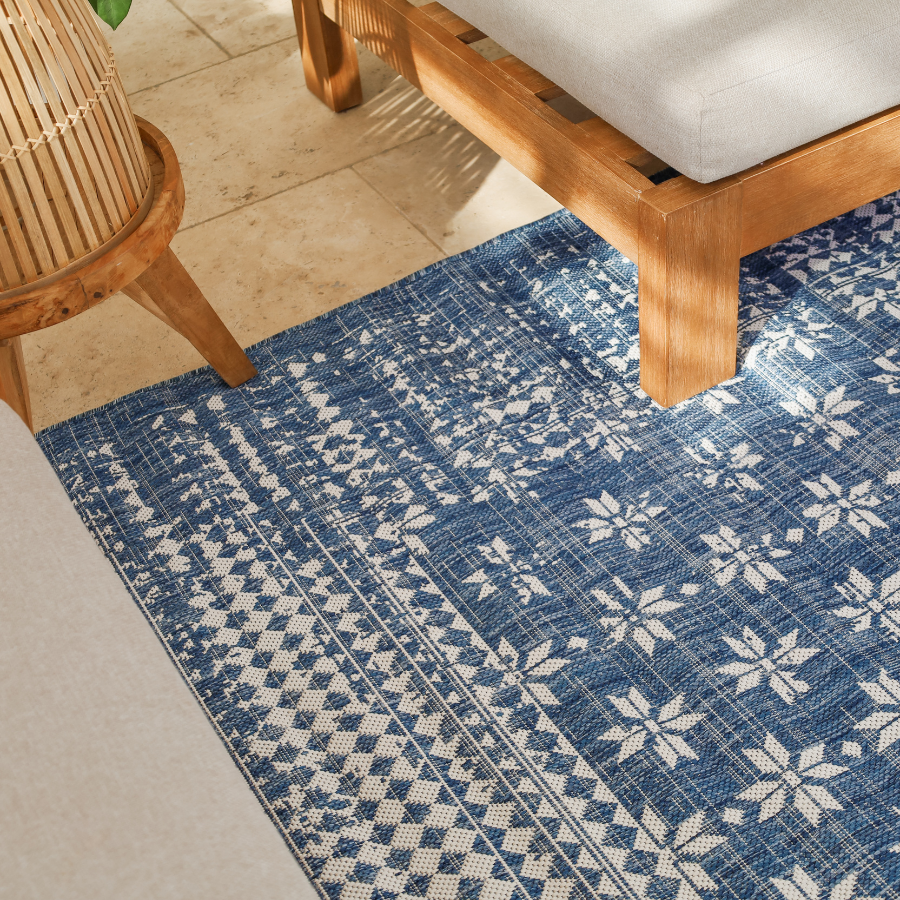 Pearl Blue Floral Polypropylene Outdoor Rug - Outdoor Rugs Fab Habitat