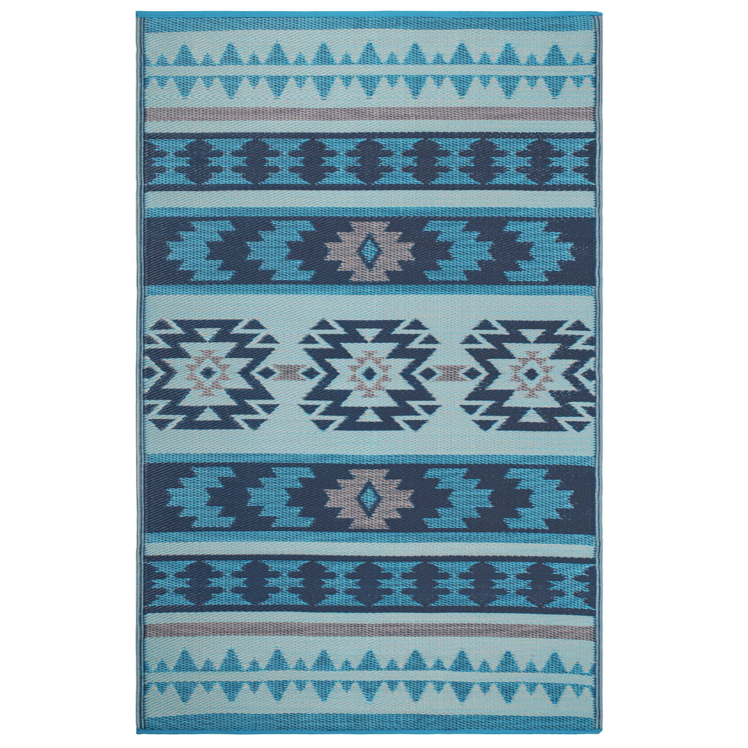 Cusco Tribal Blue Toned Recycled Plastic Reversible Outdoor Area Rug - Recycled Plastic Rugs & Mats Fab Habitat