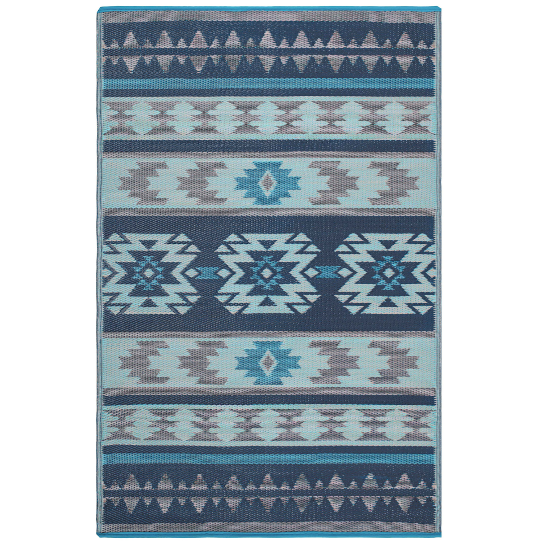 Cusco Tribal Blue Toned Recycled Plastic Reversible Outdoor Area Rug - Recycled Plastic Rugs & Mats Fab Habitat